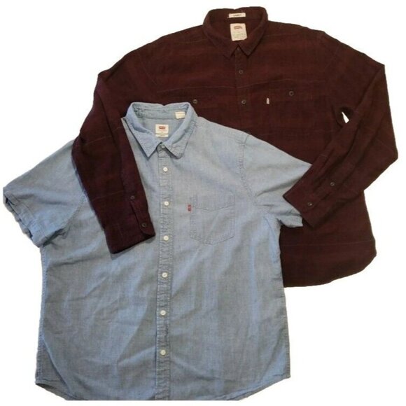 Levis Button Up Shirt Lot of 2 Mens XL Blue Denim Red Plaid Short Long Sleeve - Picture 1 of 10